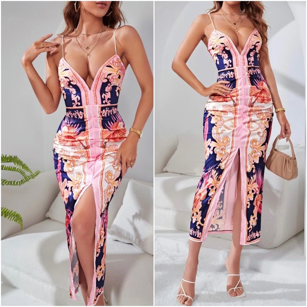 Luxe Floral Print Sexy Evening Bodycon Dress - Picture 4 of 4